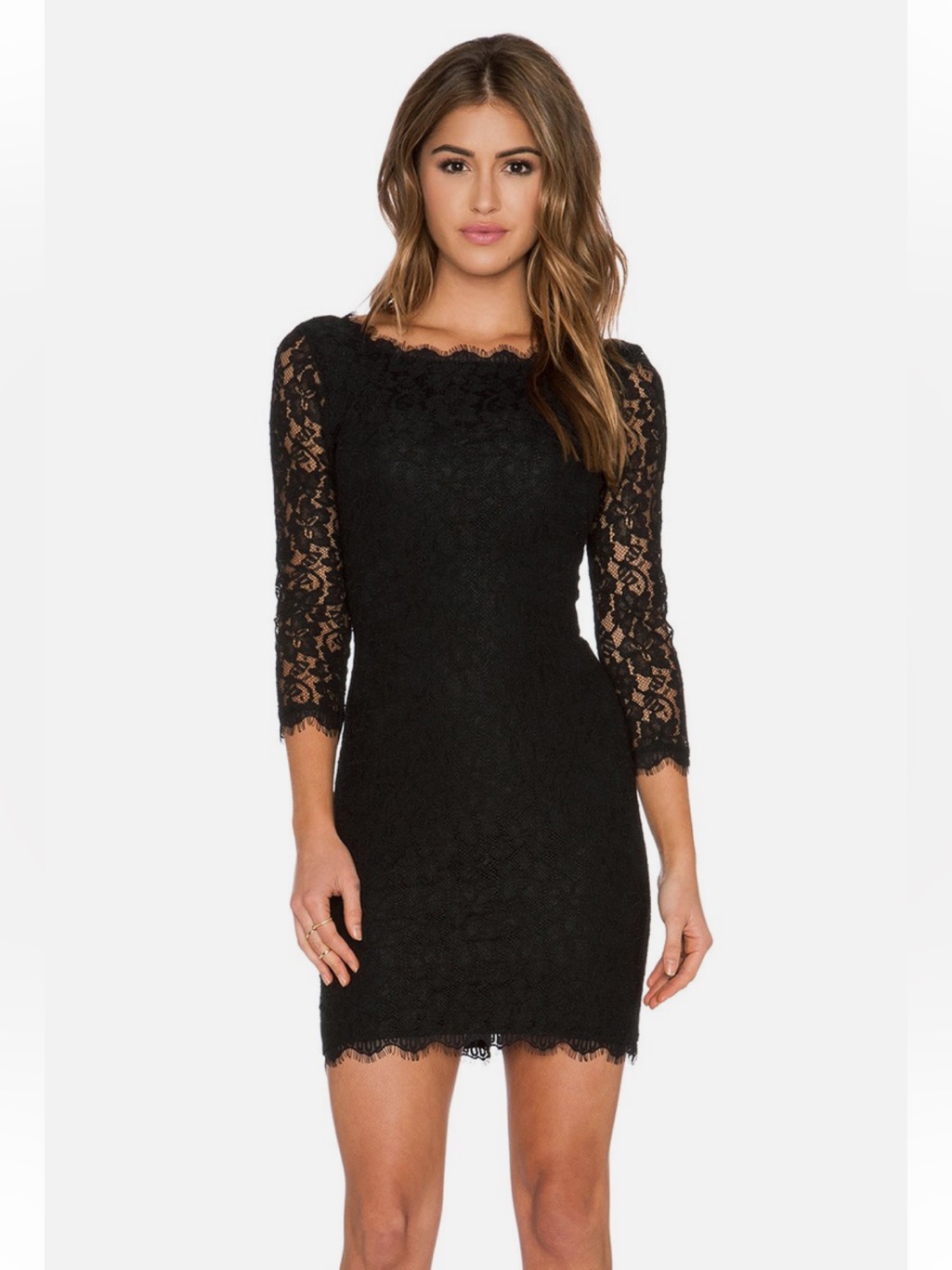 Diane Von Furstenberg Zarita Black Lace Mini Dress With Three-Quarter Sleeves